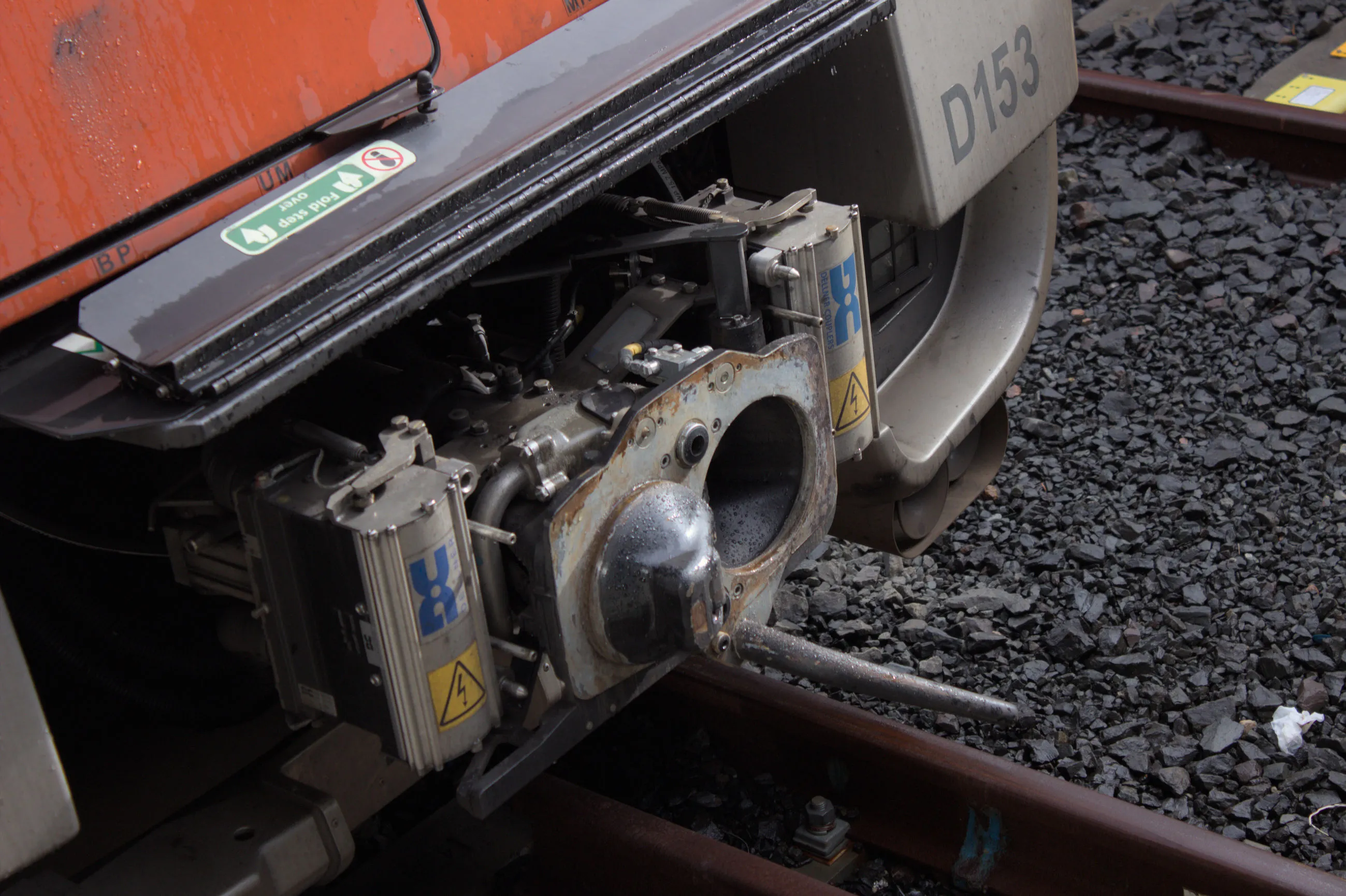 Close up shot of the Scharfenberg coupler on D153 not attached to anything. 